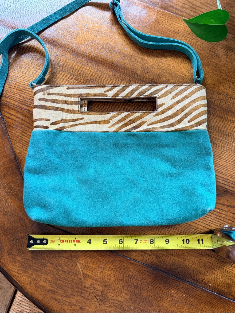 Anthropologie Teal Suede Shoulder Bag with Zebra-Print Trim